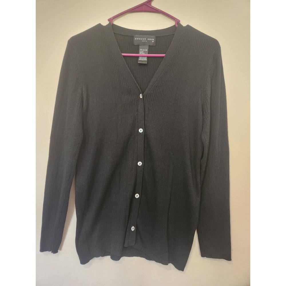 August Silk Knits Women Black 100% Silk V-Neck Button Front Cardigan Sweater M